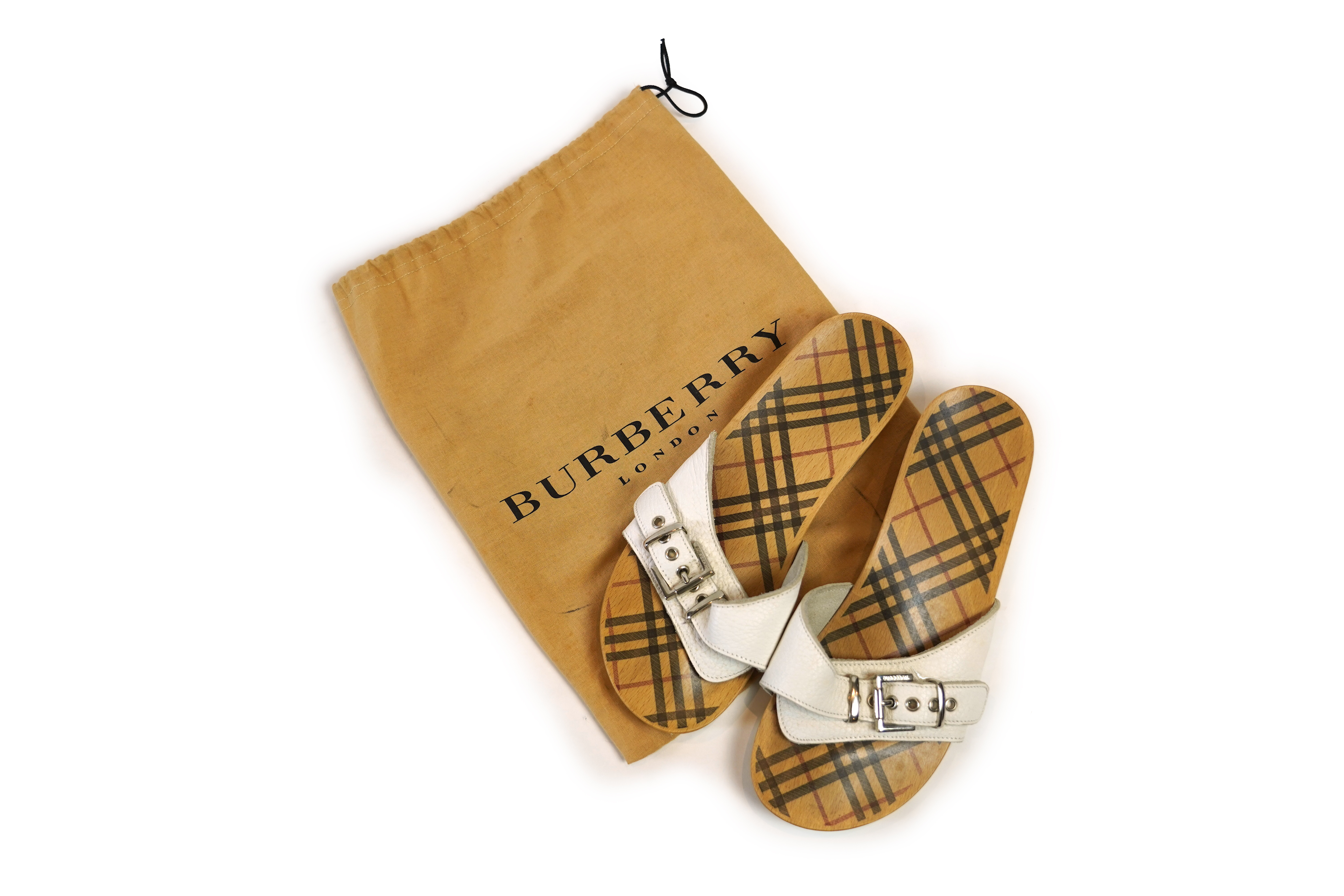 A pair of vintage Burberry white leather clog slides, with dust bag. Size 39